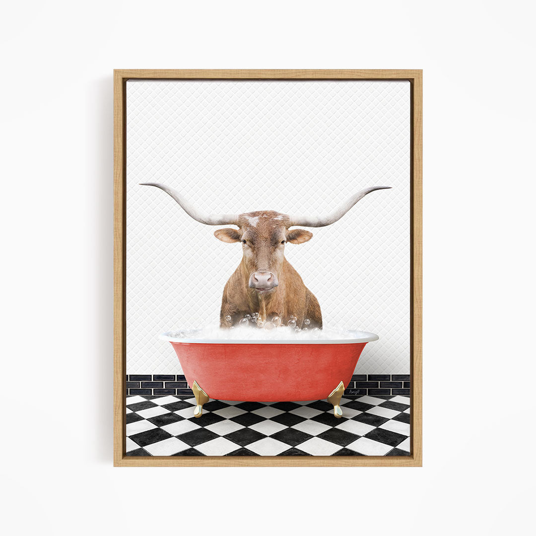 A brown cow with large horns is sitting in a red bathtub filled with water, creating a whimsical and humorous scene.