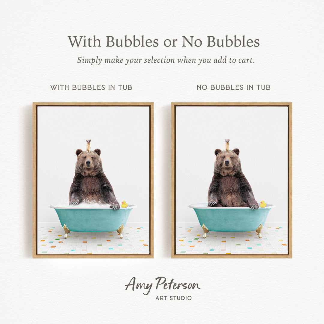 a bear sitting in a bathtub with bubbles, and the bear is accompanied by a rubber duck.