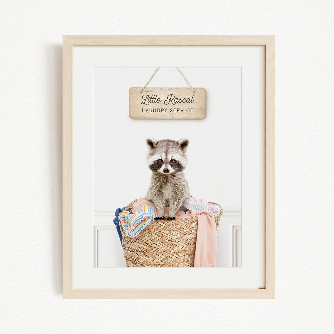 A raccoon sitting in a woven laundry basket, with a sign above that reads "Little Racal Laundry Service".