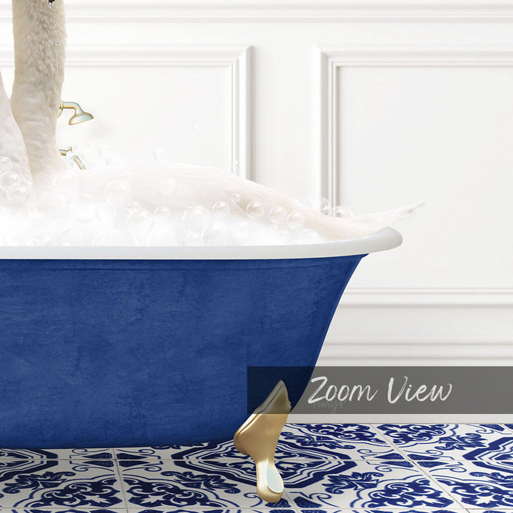 A blue bathtub filled with bubbles, with a gold faucet and a swan-like creature floating in the water.