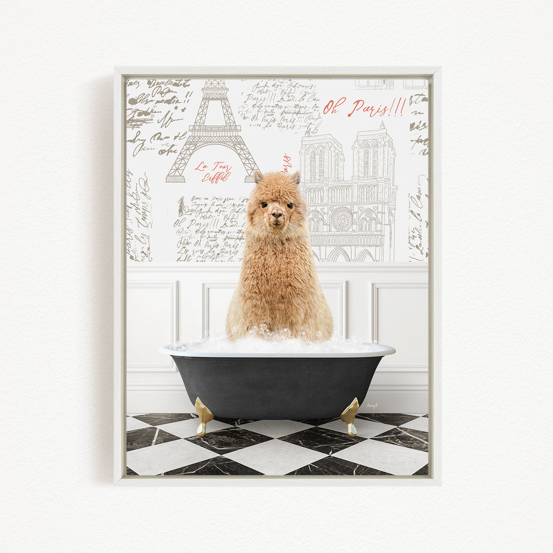 A fluffy alpaca sitting in a bathtub filled with bubbles, surrounded by a Paris-themed background with the Eiffel Tower and other landmarks.