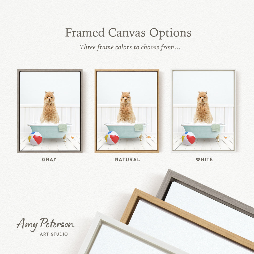The image is a framed canvas option showcasing three different frame colors: gray, natural, and white. The canvas displays a brown dog sitting in a bathtub with a beach ball and towel nearby.