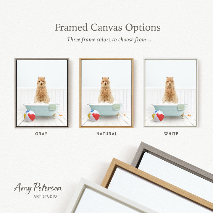 The image is a framed canvas option showcasing three different frame colors: gray, natural, and white. The canvas displays a brown dog sitting in a bathtub with a beach ball and towel nearby.