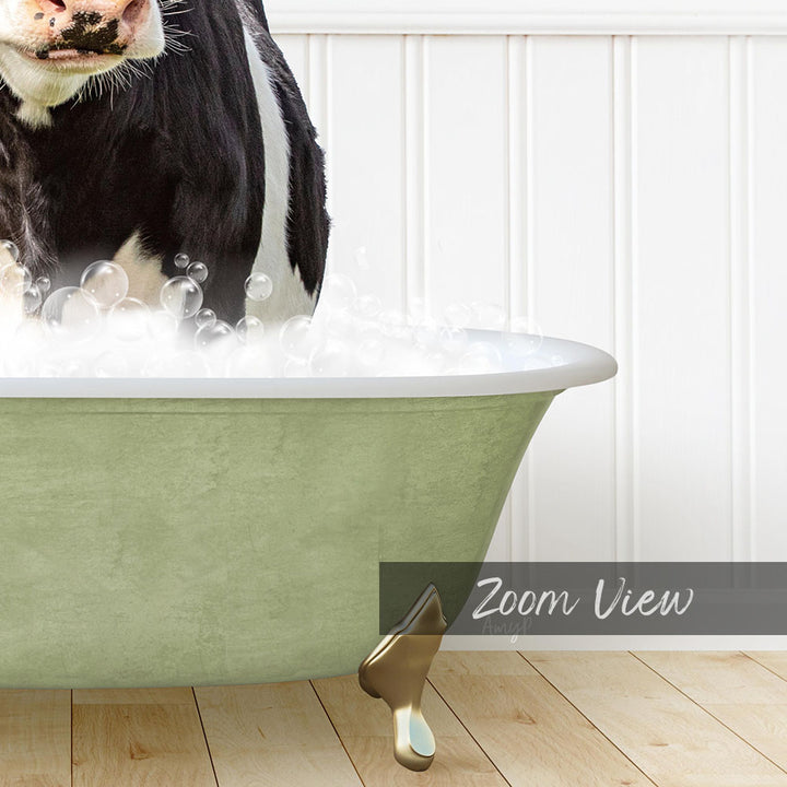 A black and white cow standing in a green bathtub filled with bubbles, with the text "Zoom View" visible.