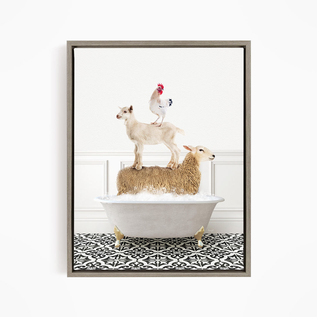 A framed image depicting a white bathtub filled with water, with a goat standing on top of it and a chicken perched on its back.