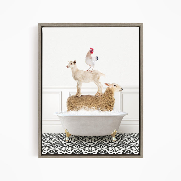 A framed image depicting a white bathtub filled with water, with a goat standing on top of it and a chicken perched on its back.