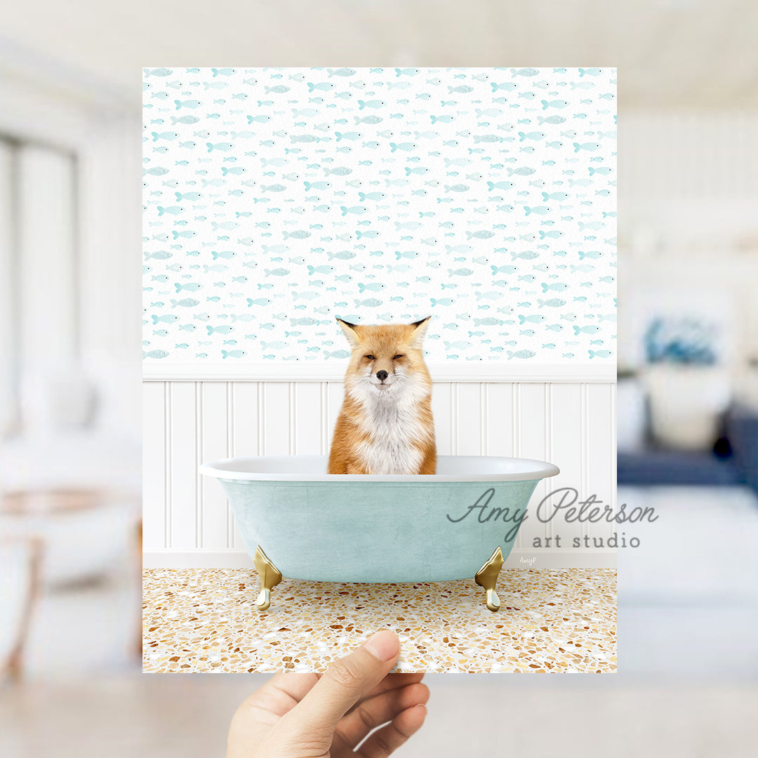 a person holding up a card with a picture of a fox in a bathtub