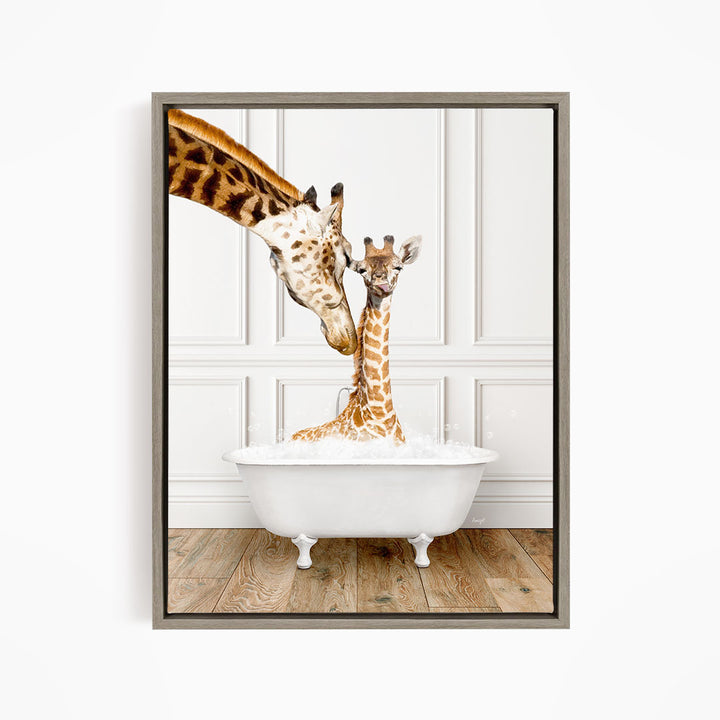 A mother giraffe and her baby giraffe enjoying a bath together in a white bathtub against a white wall.
