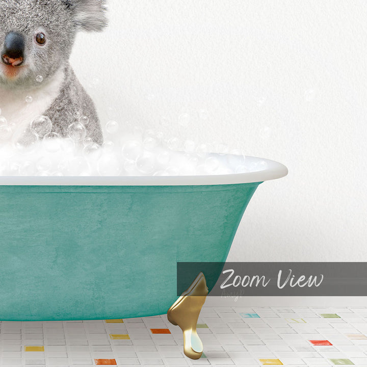 A koala sitting in a green bathtub filled with bubbles, with a text overlay that reads "Zoom View".