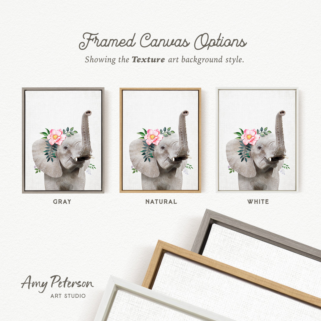 three framed canvas options featuring a gray elephant with a floral headpiece, each with a different background color: gray, natural, and white.