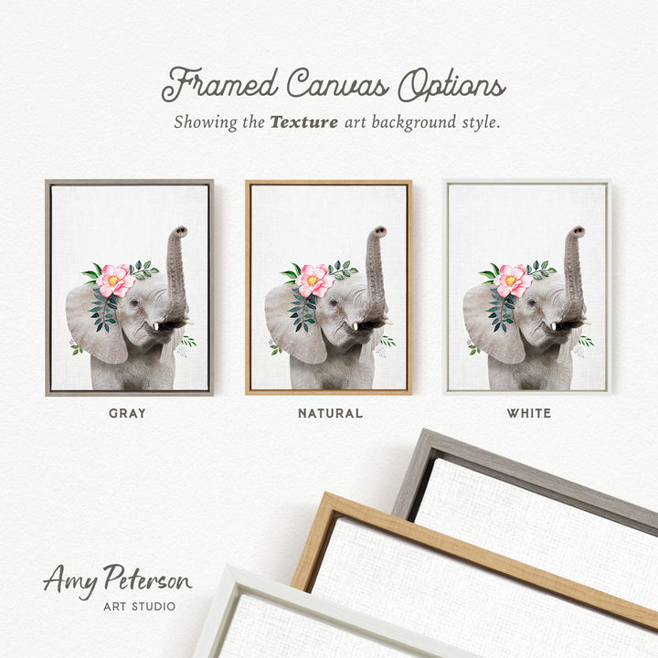 three framed canvas options featuring a gray elephant with a floral headpiece, each with a different background color: gray, natural, and white.