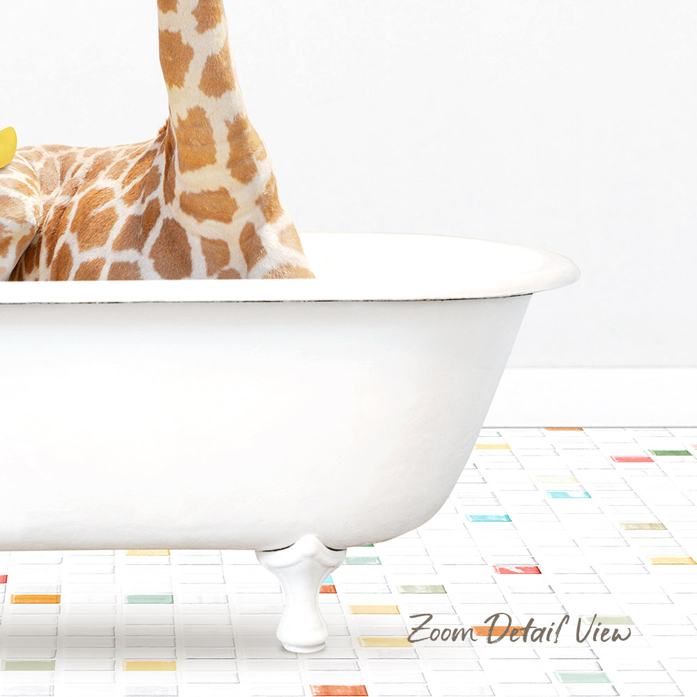 A giraffe is sitting in a white bathtub, with a colorful tiled floor in the background.