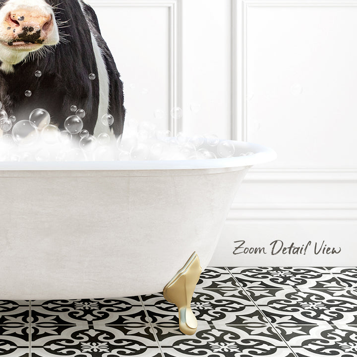 A black and white cow standing in a white bathtub filled with bubbles, with a black and white patterned floor in the foreground.