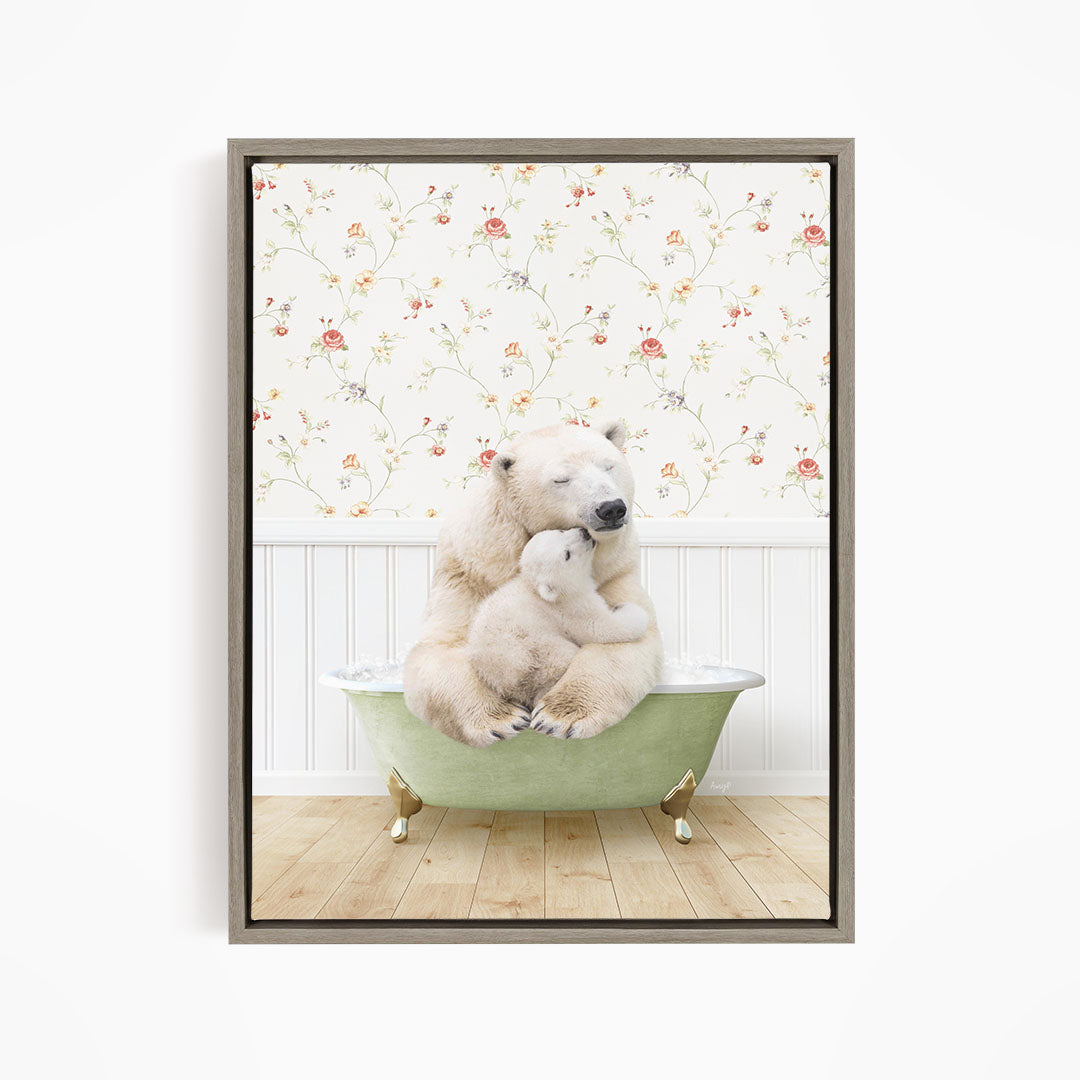 A polar bear is sitting in a green bathtub, with its head resting on another polar bear. The polar bears are surrounded by a floral patterned wall.