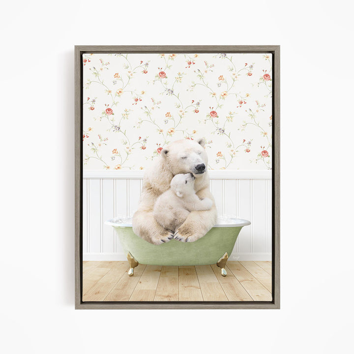A polar bear is sitting in a green bathtub, with its head resting on another polar bear. The polar bears are surrounded by a floral patterned wall.