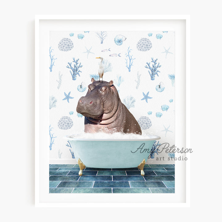 a hippo in a bathtub with a bird on top of it