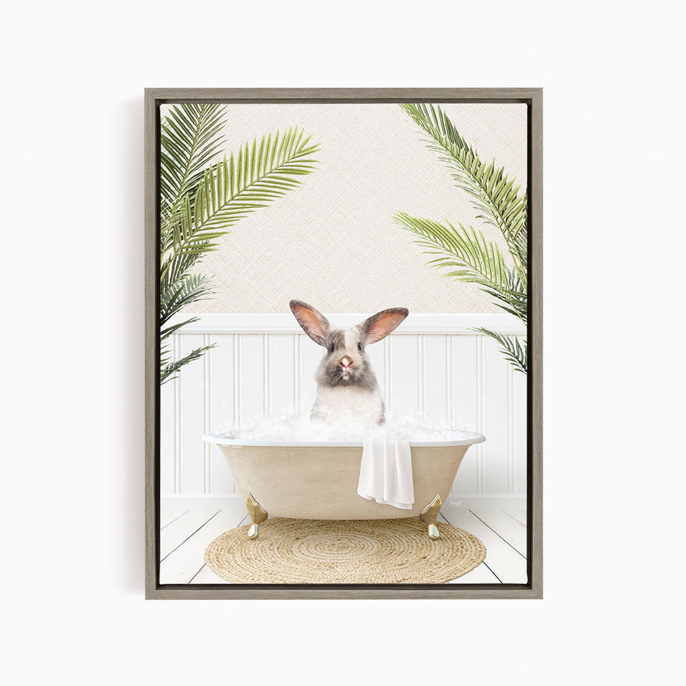 A rabbit sitting in a bathtub filled with water, surrounded by green palm leaves, creating a whimsical and relaxing scene.