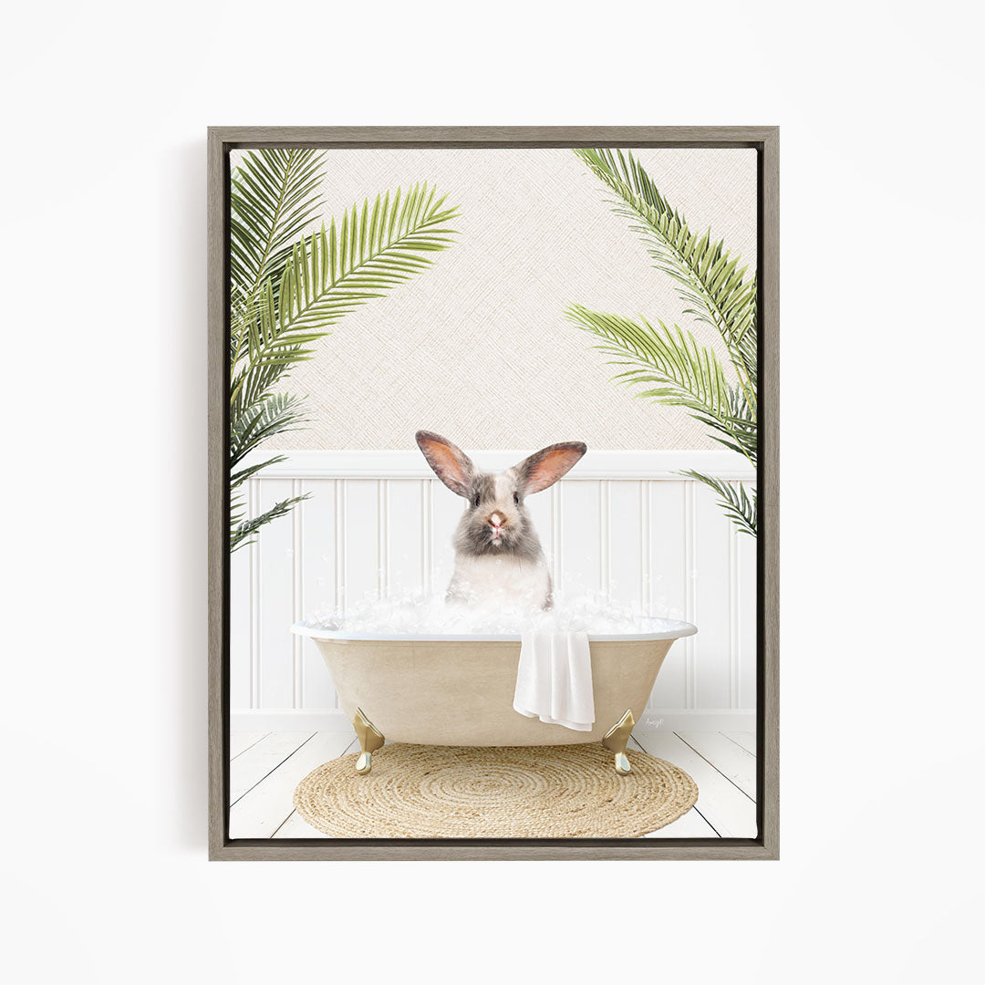 A rabbit sitting in a bathtub filled with water, surrounded by green palm leaves, creating a whimsical and relaxing scene.