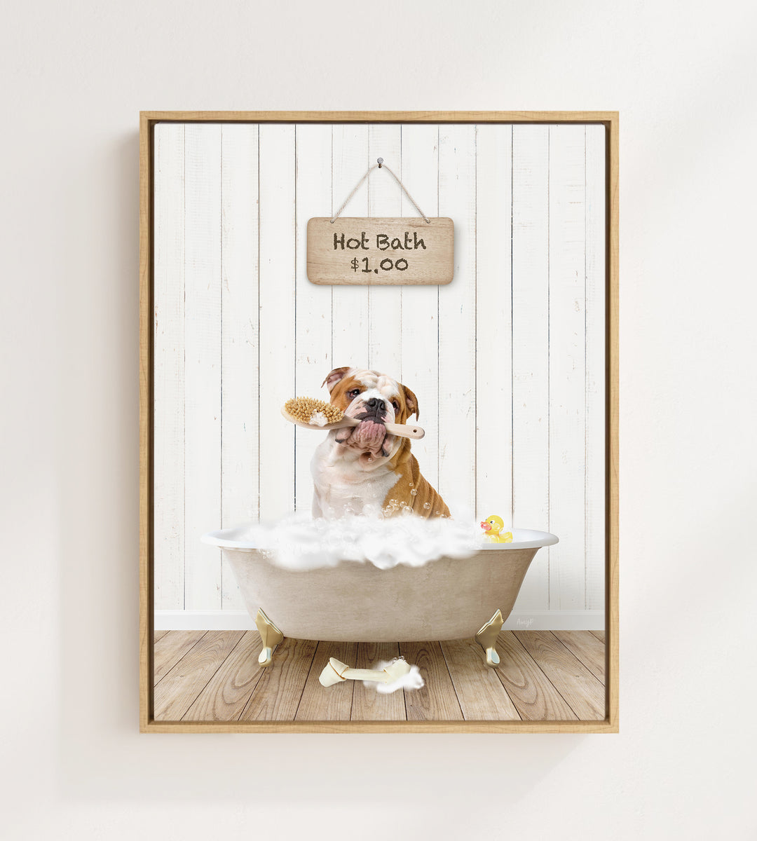 A brown and white bulldog sitting in a white bathtub, holding a yellow rubber duck, with a wooden sign above that says "Hot Bath $1.00".