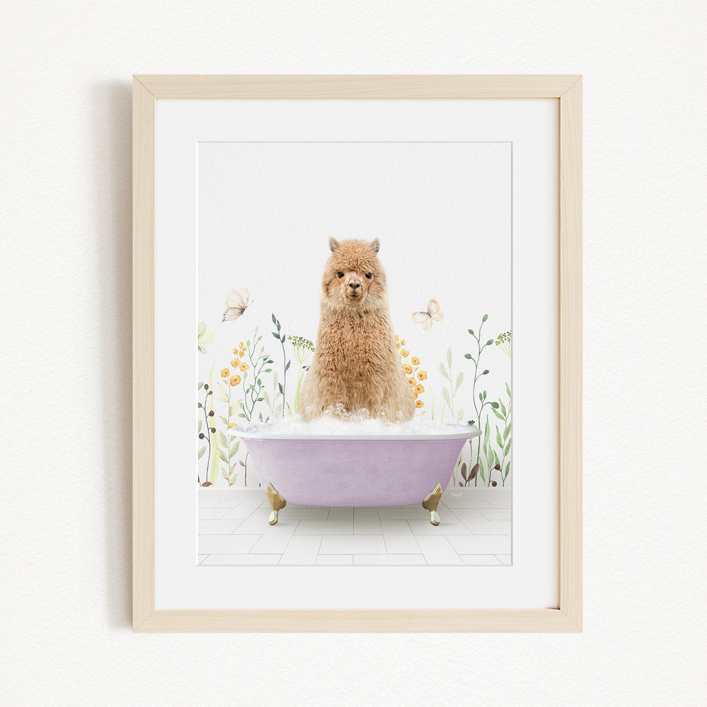 A fluffy brown dog sitting in a purple bathtub filled with bubbles, surrounded by flowers and butterflies.