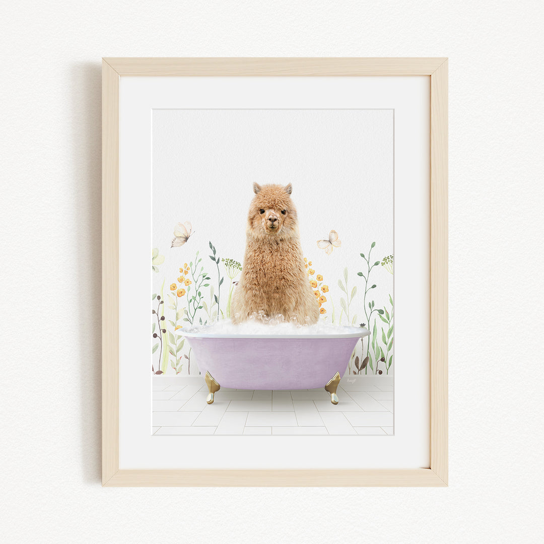 A fluffy brown dog sitting in a purple bathtub filled with bubbles, surrounded by flowers and butterflies.