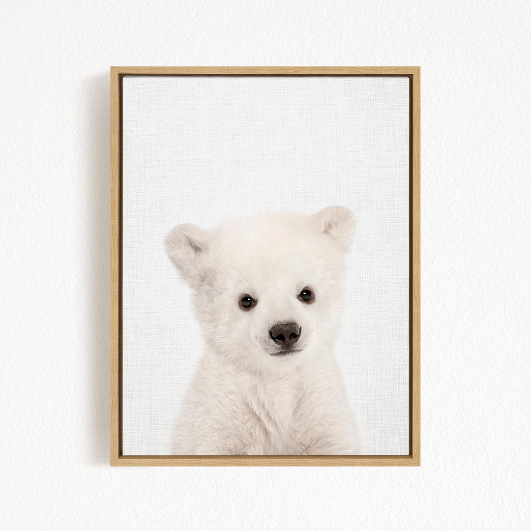 A cute white polar bear cub is the focus of the image, captured in a framed print against a plain white background.