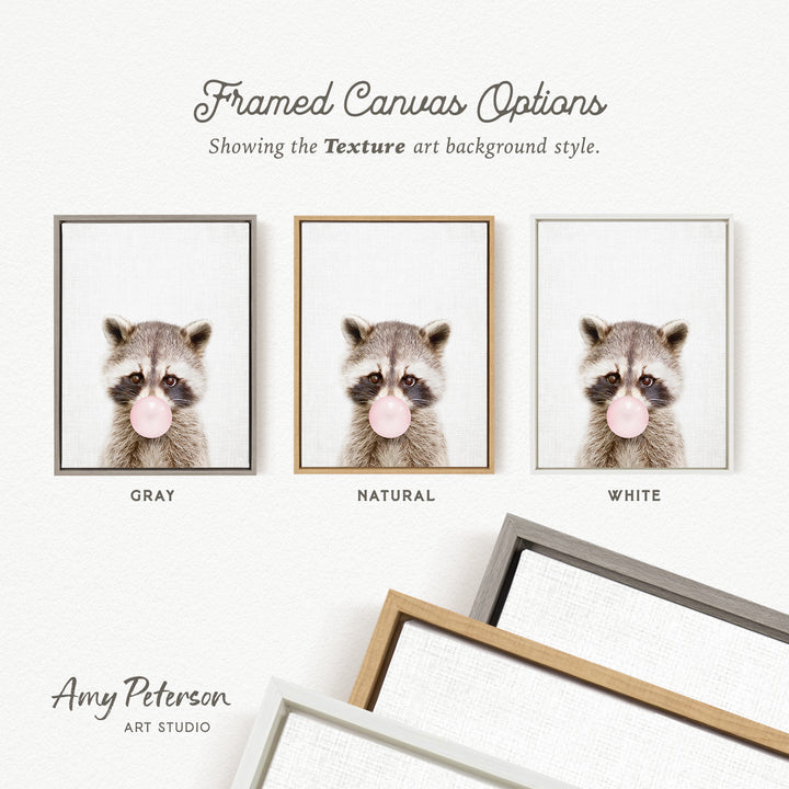 three framed canvas options, each with a different background color: gray, natural, and white. The text above the options reads " Framed Canvas Options" and "Showing the Texture art background style." The text below the options reads "Grays," "NATURAL," and "WHITE." The artist's name, Amy Peterson, is also mentioned at the bottom of the image.