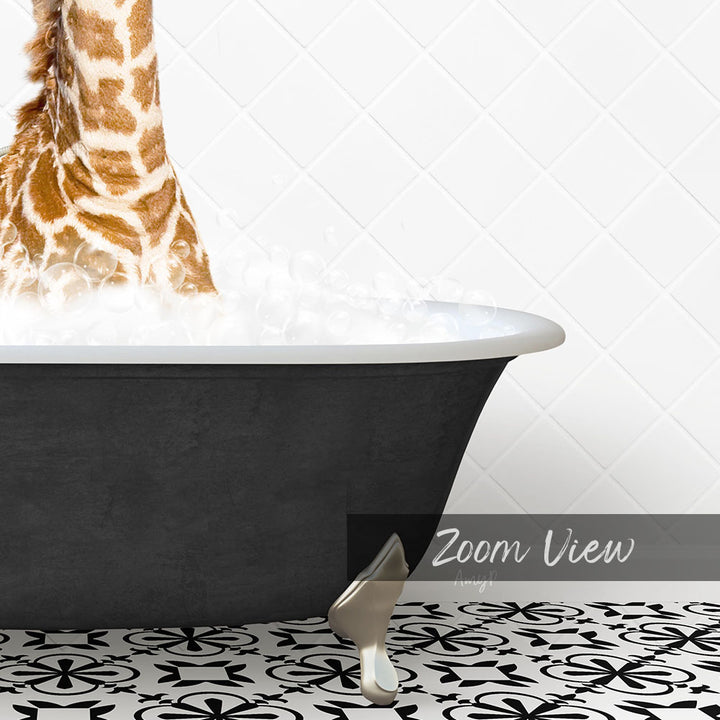 A giraffe standing in a bathtub filled with water, with a black bathtub and a patterned tile floor visible in the image.