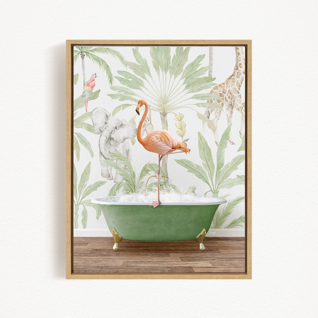 A framed print depicting a pink flamingo standing in a green bathtub, surrounded by tropical foliage and animals.