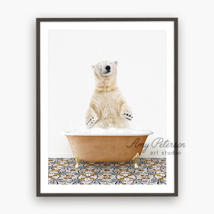 a polar bear sitting in a bath tub