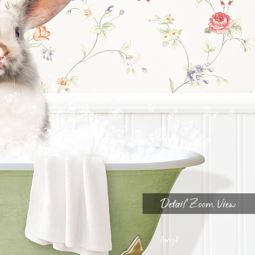 A white rabbit sitting in a green bathtub filled with bubbles, with a floral wallpaper in the background.