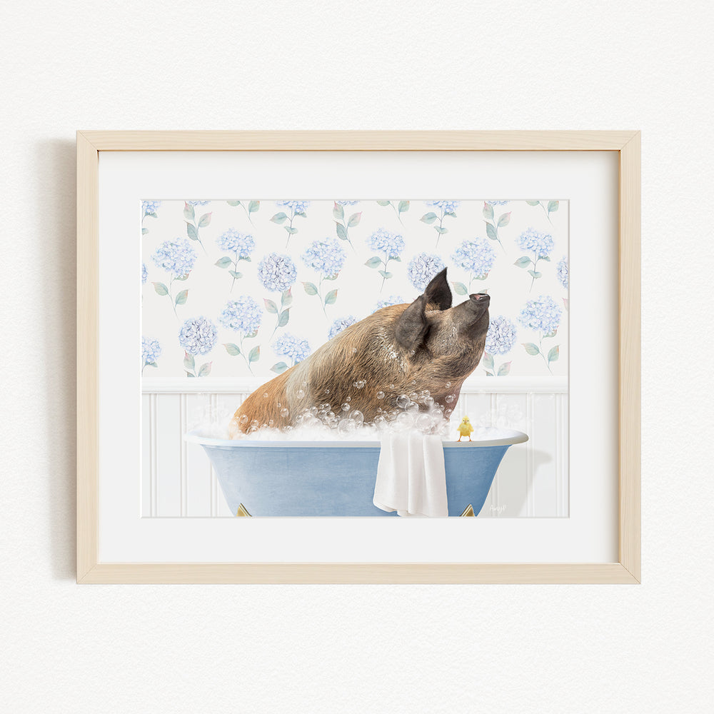 A brown pig sitting in a blue bathtub filled with water, surrounded by a floral pattern on the wall behind it.