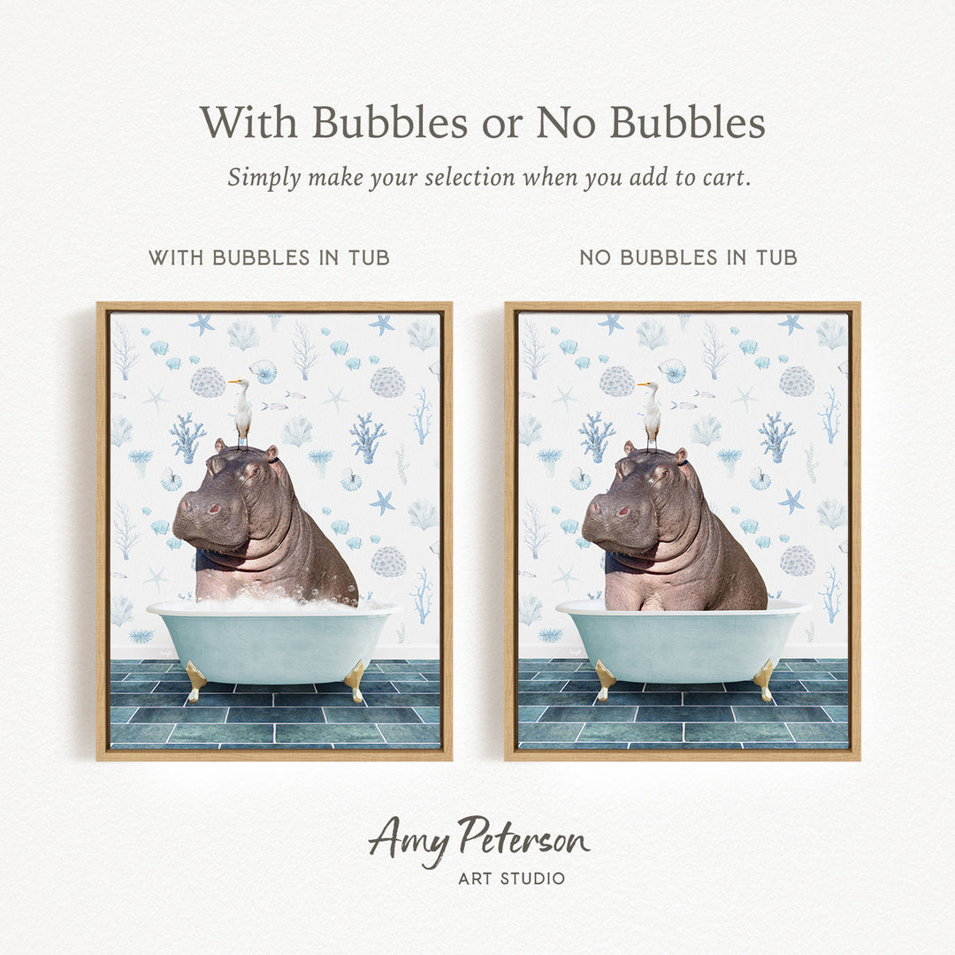 The image is a framed print featuring a hippopotamus sitting in a bathtub, with bubbles or no bubbles. The print has two different options for the presence of bubbles, with one option having bubbles and the other not having bubbles.