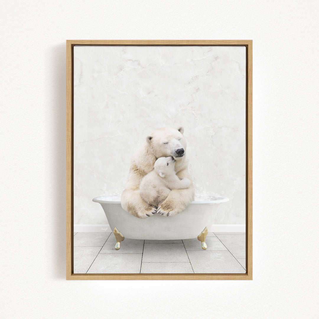 A polar bear and its cub sitting together in a white bathtub against a white marble background.