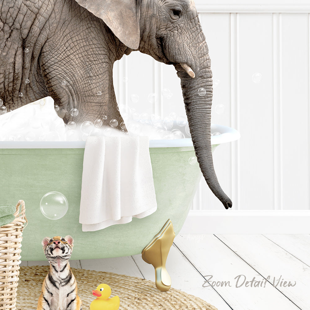 A large elephant is taking a bath in a green tub, surrounded by various toys, including a rubber duck and a toy tiger.