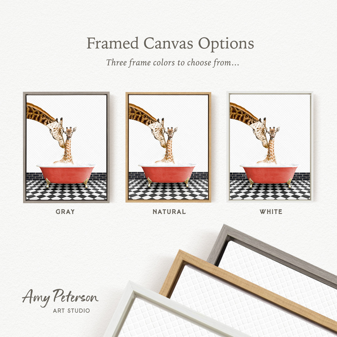 The image is a framed canvas option showcasing three different frame colors: gray, natural, and white. The image depicts a giraffe in a bathtub, with the text " Framed Canvas Options" above the three frame color options.