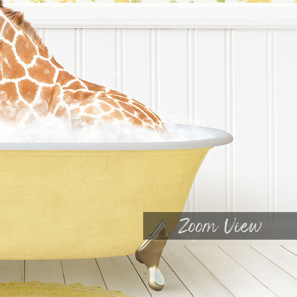 A giraffe is sitting in a yellow bathtub filled with water, creating a whimsical and playful scene.