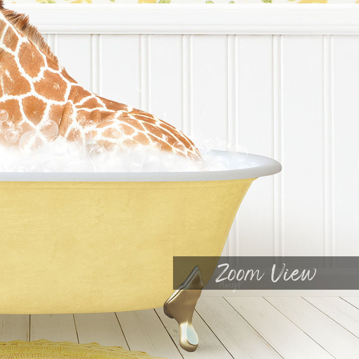 A giraffe is sitting in a yellow bathtub filled with water, creating a whimsical and playful scene.