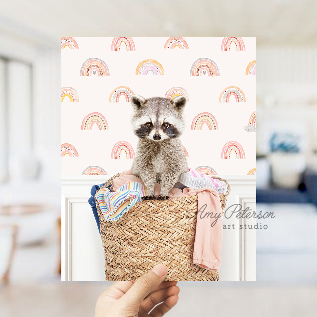 a raccoon is sitting in a basket on a wall