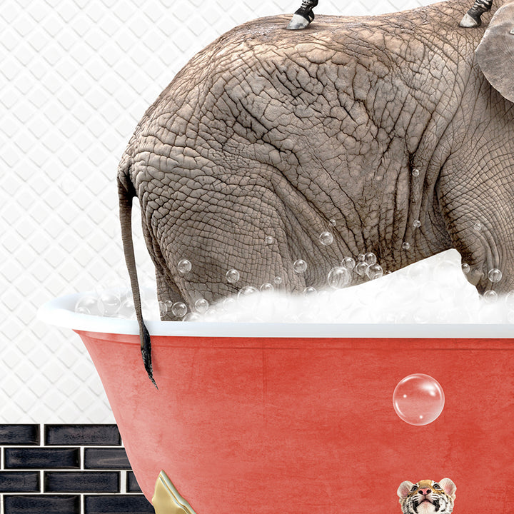 an elephant is taking a bath in a bathtub