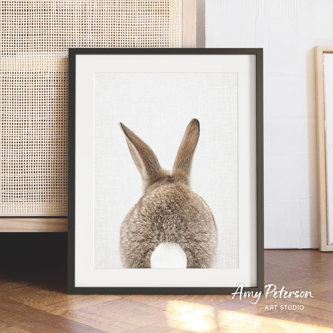 A framed photograph of a rabbit's back, showing its fluffy tail and ears, is displayed on a wooden floor against a white wall.