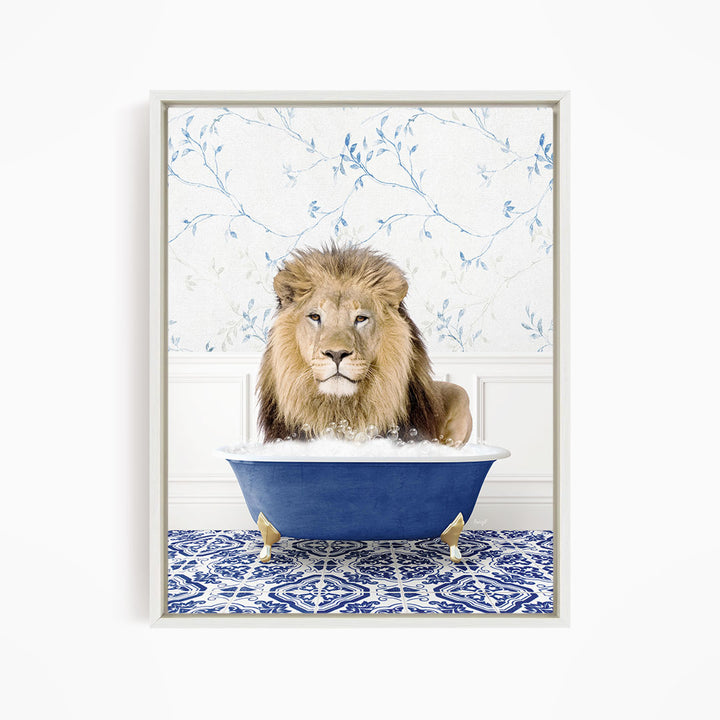 A majestic lion sits in a blue bathtub, surrounded by a blue and white patterned floor.