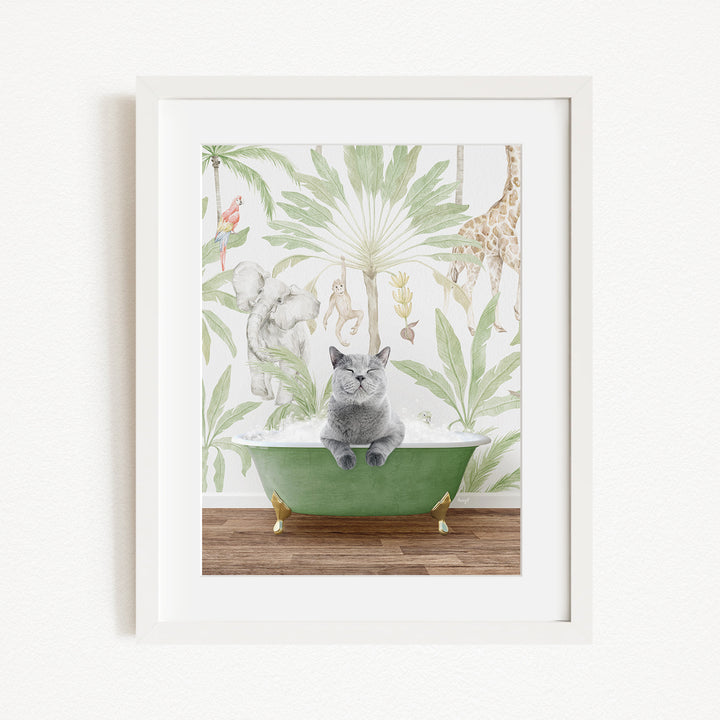A gray cat sitting in a green bathtub, surrounded by a tropical jungle wallpaper with various animals and plants.