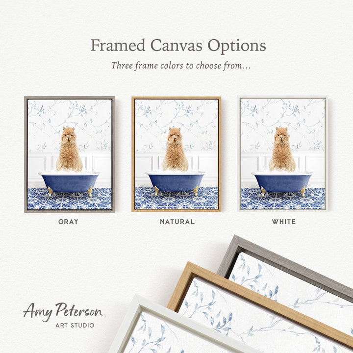 The image is a framed canvas option showcasing three different framed pictures of a dog sitting in a bathtub. The options include a gray, natural, and white frame.