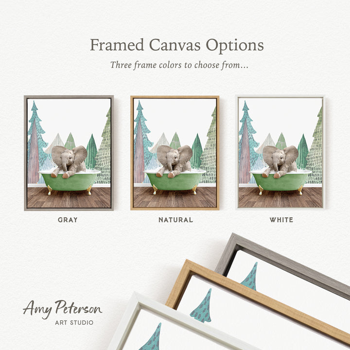 The image is a framed canvas option featuring three different color options for a painting of elephants in a bathtub, with a forest backdrop.