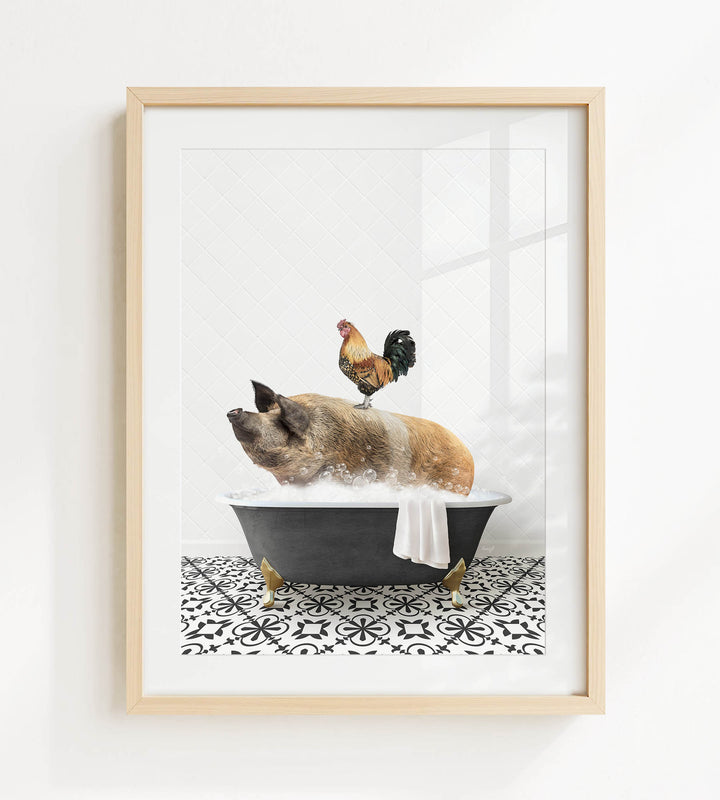 A rooster sits atop a pig in a black bathtub, surrounded by a black and white patterned floor.