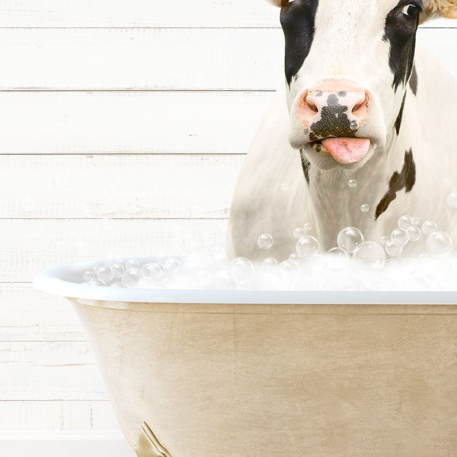 a cow sticking its tongue out in a bathtub