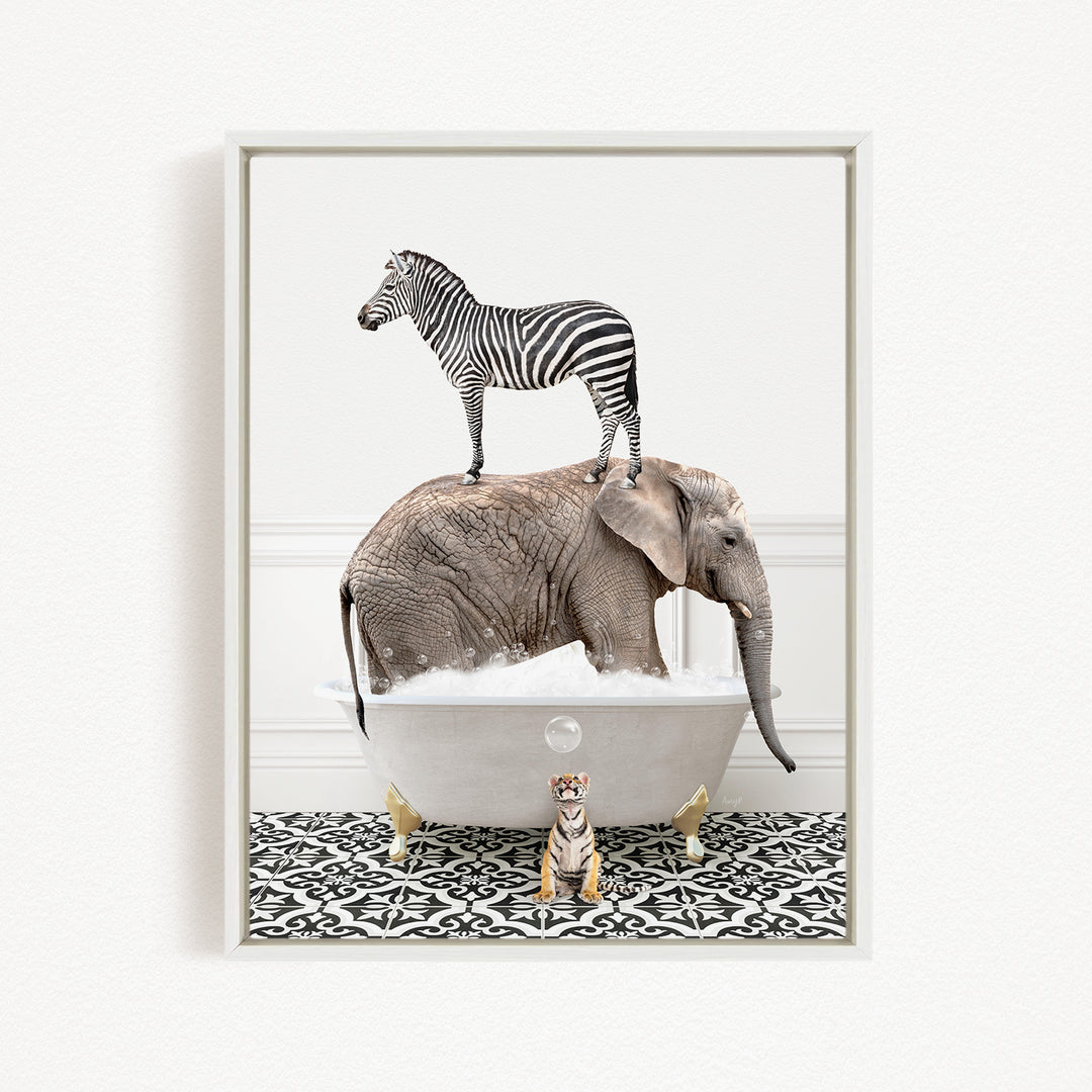 A zebra standing on the back of an elephant, both in a bathtub filled with water, with a small tiger figurine sitting in front of them.