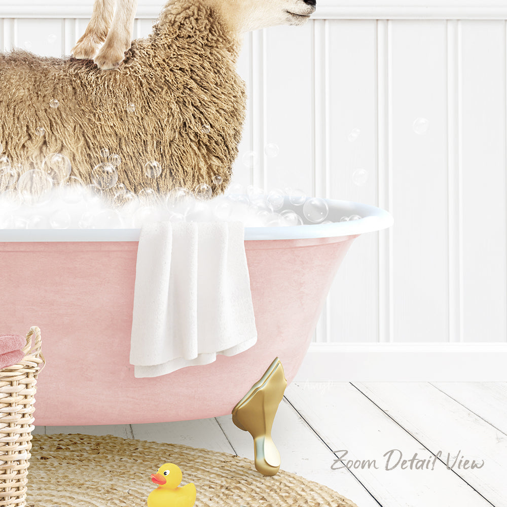 A fluffy brown sheep is sitting in a pink bathtub filled with bubbles, surrounded by a yellow rubber duck and a white towel.