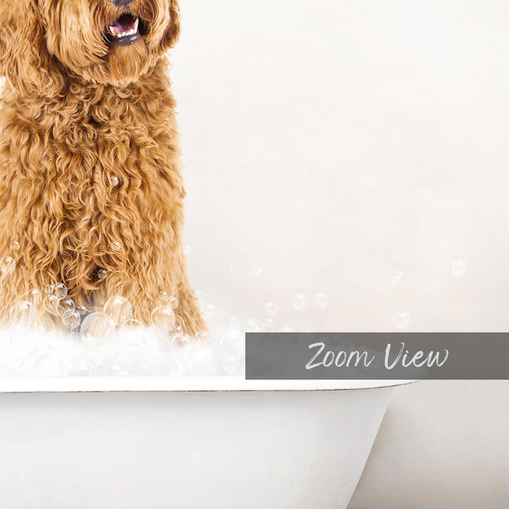 A fluffy brown dog standing in a bathtub filled with bubbles, with the text "Zoom View" displayed on the side of the tub.